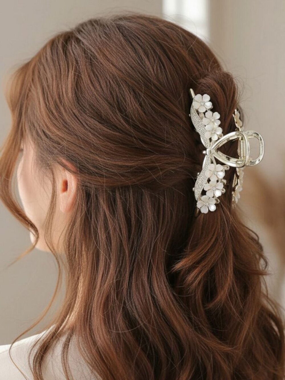Rhinestone Pave Pearl Floral Hair Claw Clip